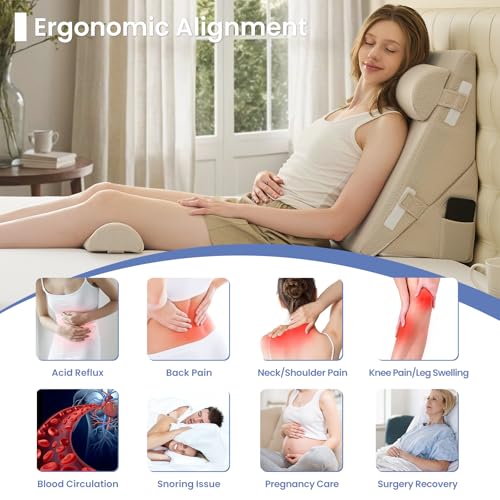 Image of Sasttie Wedge Pillow Set for After Surgery, 3PCS Adjustable Bed Wedge Pillow Headboard with Memory Foam Neck Cushion - for Acid Reflux, Sleeping, Neck & Back Support, Beige