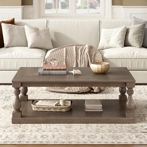 P PURLOVE Solid Wood Coffee Table, Modern Farmhouse Coffee Table/Center Table with Storage Rectangle for Living Room,Brown