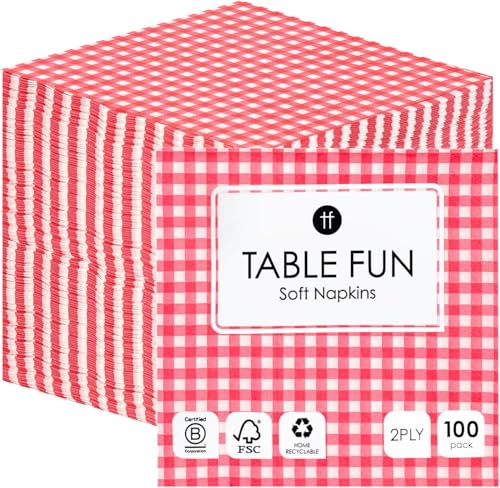 Talking Tables 100 x Serviettes en papier Vichy à carreaux rouges et blancs, anniversaire, mariage, restauration, serviettes en papier jetables, recyclables,...