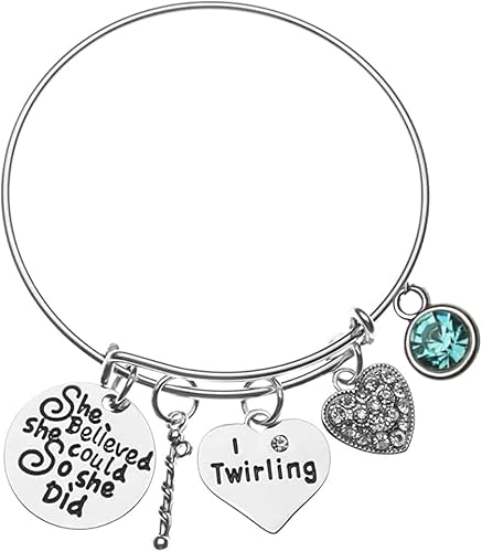 Personalized Twirling Charm Birthstone Bangle Bracelet- She Believed She Could So She Did- Twirling Jewelry - Majorette Bracelet for Baton Twirler