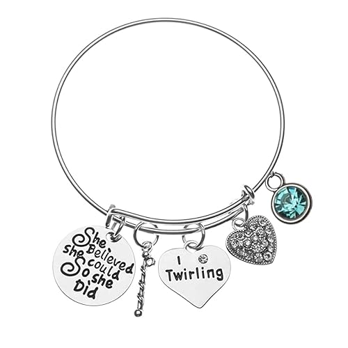 Personalized Twirling Charm Birthstone Bangle Bracelet- She Believed She Could So She Did- Twirling Jewelry - Majorette Bracelet for Baton Twirler