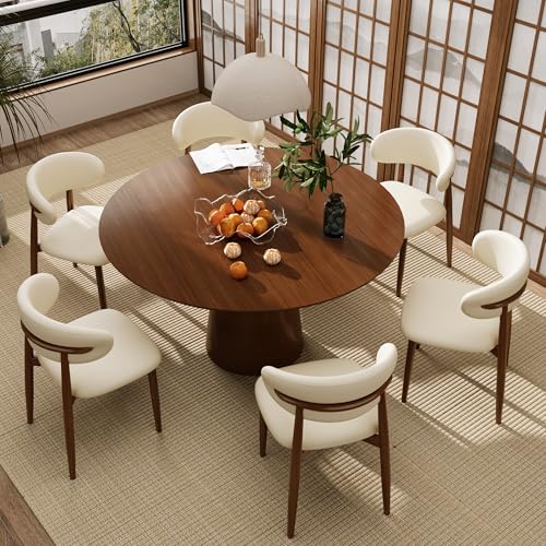 JCAJCA Kitchen Dining Chairs Set of 6 Modern Upholstered Leather Farmhouse Dining Room Chair with Metal Legs, Walnut/Beige