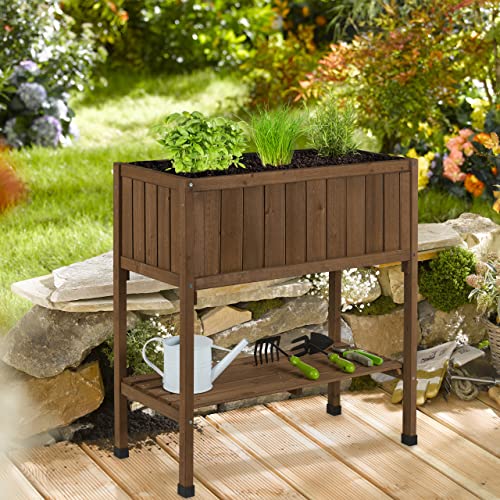 Relaxdays Hochbeet, Folie, Ablage, HxBxT: 80 x 74 x 38 cm, Garten, Balkon & Terrasse, Pflanztisch, Tannenholz, braun