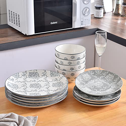 Original Heart 12-Pieces Dinnerware Sets Ceramic Dish Set, Plates And Bowls Sets, Dishes Set For 4, Nonstick Plate Set, Durable Stoneware Plates, Dishes, Soup And Cereal Bowls, Grey, For Kitchen #TOP2
