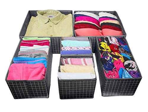 Image of House of Quirk Non-Woven Foldable Cloth Storage Box Closet Dresser Drawer Organizer Cube Basket Bins Containers Divider with Drawers Set of 6(Black Grid),28x28x13 cm