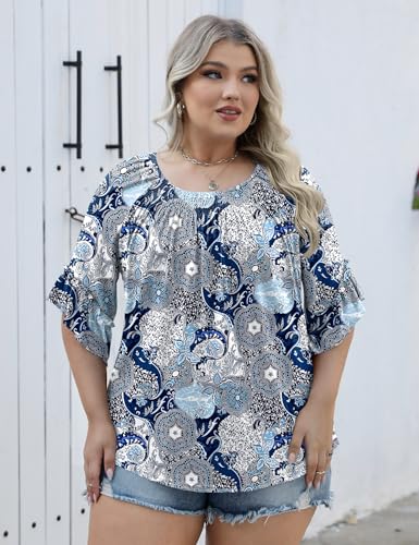 Image of Micoson Womens Plus Size Tops 3 /4 Ruffle Sleeve Crewneck Pleated Shirts