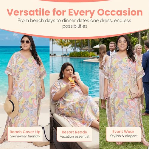 Image of Oussum Women Polyester Casual Long Plus Size Beach Caftan Cover Up Maxi Dress 1X-3X Summer Kaftan Dresses for Women