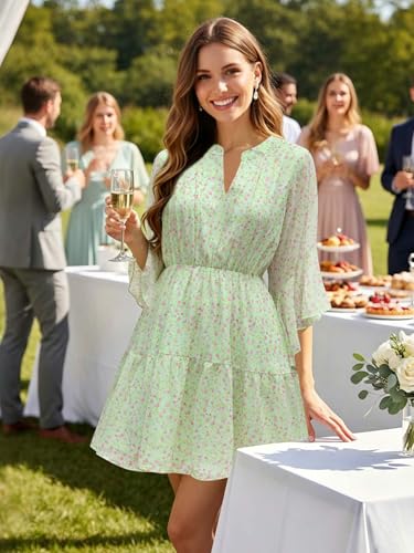 Image of Womens Spring Summer Mini Dress Western Ruffled Sleeve Chiffon V Neck Flowy A Line Short Wedding Guest Party Dresses
