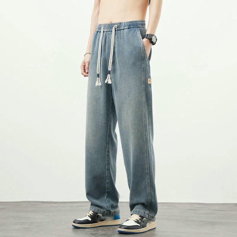 Men’s Casual Loose Fit Wide Leg Denim Pants Drawstring Waist Vintage Baggy Streetwear Jeans Trousers4