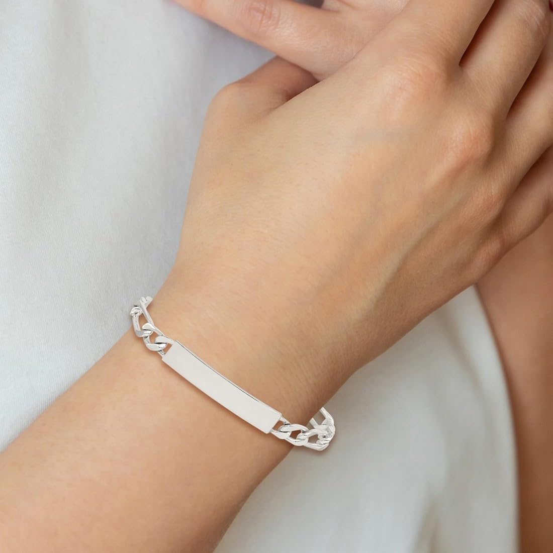 JewelryWeb 925 Sterling Silver Polished Engraveable Figaro ID Bracelet Lobster Claw 6mm Wide Identification Bracelet for Women