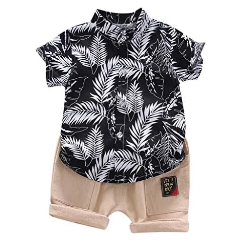 Digood Toddler Baby Boys Hawaiian Outfits,Summer Casual Leave Print Short Sleeve Shirt Tops+Shorts Clothes Set(Black,12-18 Months) Cover