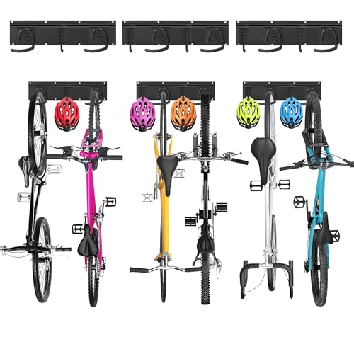 Sinoer Soporte de pared para bicicletas, soporte mural para 6 bicicletas + 5 cascos, colgador de pared resistente para bicicletas, gancho de acero macizo, 3 raíles de 16 pulgadas