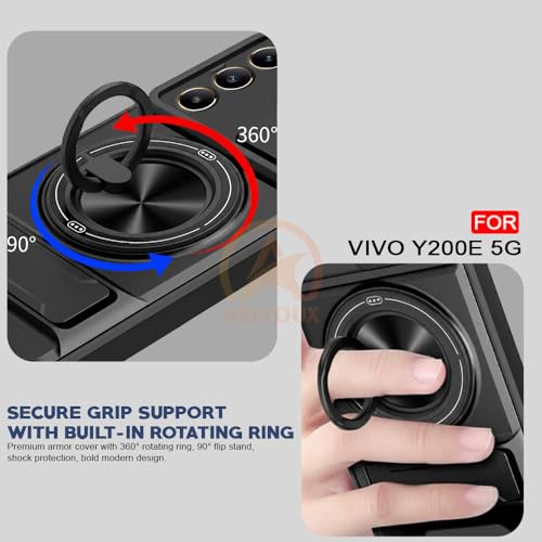 Image of Vivo Y200E 5G / T3 5G Back Cover | Armor Camera Slider 360 Degree Rotating Finger Ring Holder Case with Bracket Stand Back Case Cover (Compatible with MagSafe Accessories) (Black)