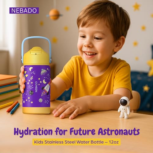 Image of Kids Stainless Steel Insulated Water Bottle with Straw 12oz - Leak Proof Toddler Thermos Cup for School, BPA Free with Handle & Non-Slip Silicone Base, Dishwasher Safe, Cosmic Purple