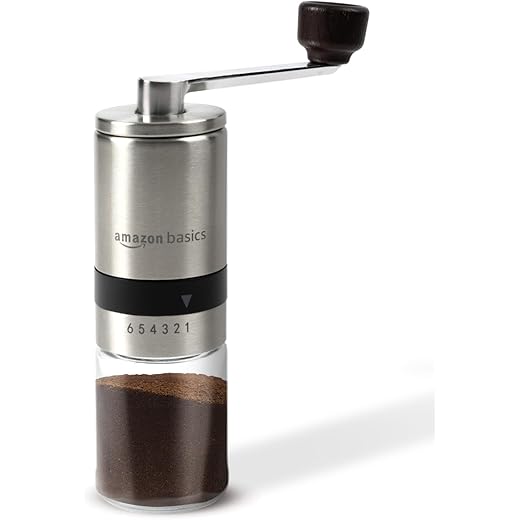 Amazon Basics Manual Coffee Grinder with Ceramic Burr | 6 Adjustable Grind Settings | Glass Container and Stainless Steel Body | Portable & Lightweight | Ideal for Espresso, French Press, Camping & Travel (Silver)