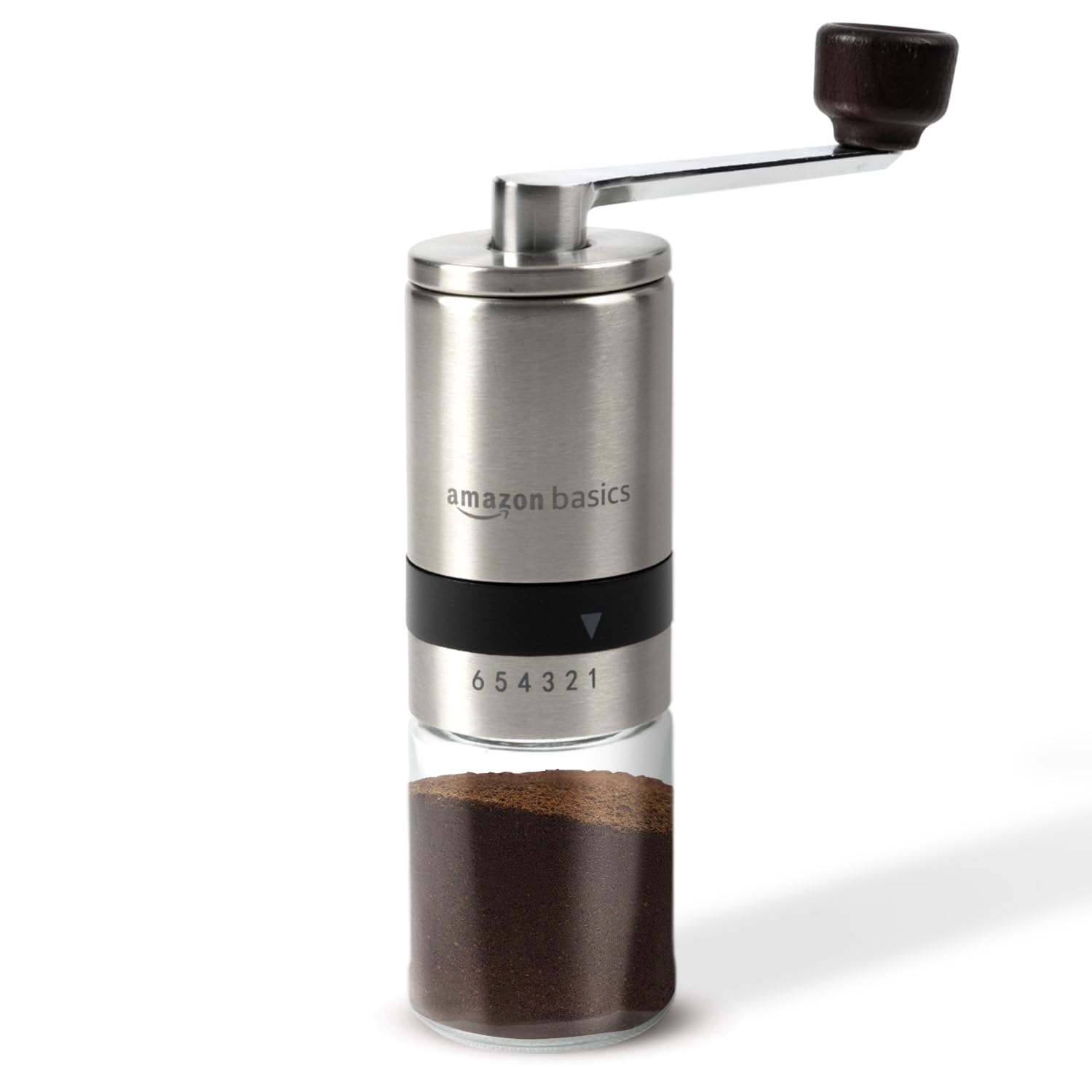 Amazon Basics Manual Coffee Grinder with Ceramic Burr | 6 Adjustable Grind Settings | Glass Container and Stainless Steel Body | Portable & Lightweight | Ideal for Espresso, French Press, Camping & Travel (Silver)