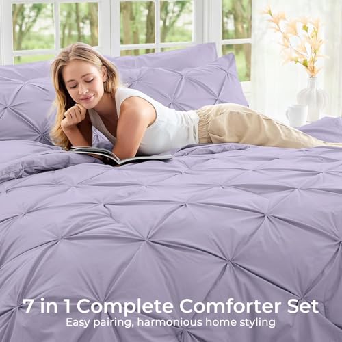 Image of Sasttie King Size Comforter Set, 7-Piece Bed in a Bag, Pintuck Bedding Sets for All Season, Includes Comforter, Flat Sheet, Fitted Sheet, Pillowcases and Pillowshams, Lavender