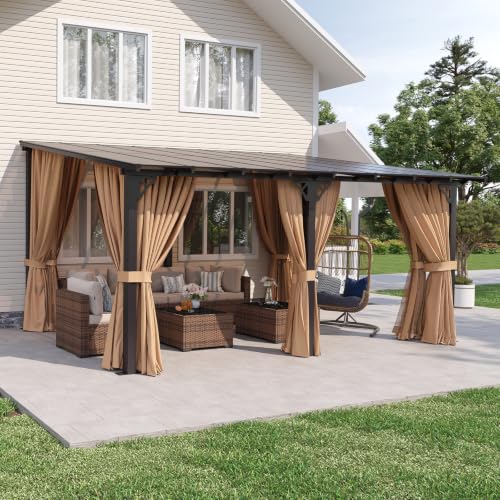 Aoxun 10x16 Lean to Gazebo with Mosquito Net and Curtains Aluminum Frame Polycarbonate Panel Wall Mounted Pergola with Sloped Roof for Backyard Porch Deck Brown