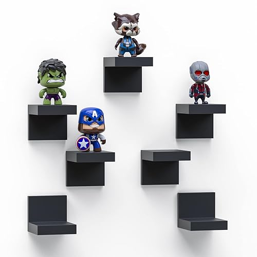 7-Pack Small Floating Shelves for Wall by RicherHouse, Plastic Black Shelf 4 Inch Display Ledges Room Decor, Mini with 2 Types of Installation (Adhesive or Screw) - Black - 7 Pcs