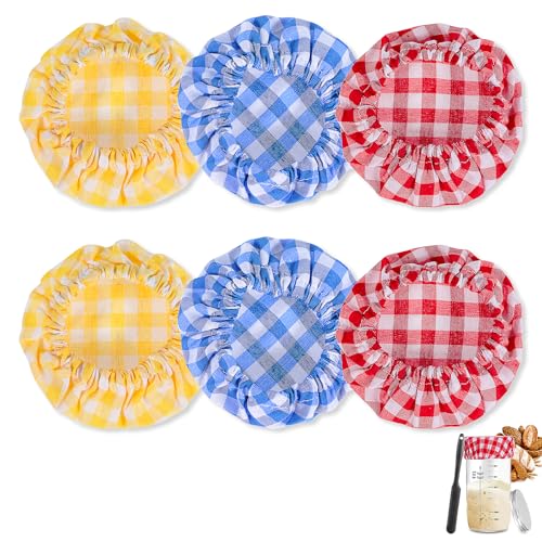6 Pcs Jar Cloth Covers, Colorful Plaid Sourdough Starter Jar Cover Cloth, Reusable Elastic Sourdough Starter Bowl Covers Basket Cover Preserving Lids for 3-4 Inch Jar Mouth Baking Supplies