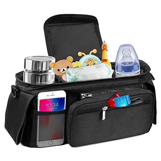 Baby Stroller Organizer Bag - Stroller Storage Bag with 2 XL Waterproof Leak-Proof Insulated Cup Holders and Large Detachable Zippered Clutch Bag for Universal Stroller Like Baby Jogger,Bugaboo