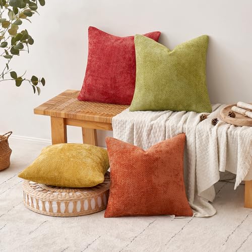 Image of MIULEE Pack of 4 Burnt Orange Couch Throw Pillow Covers 20x20 Inch Yellow Green Soft Decorative Chenille Pillows Farmhouse Accent Cushions for Boho Home Decor Spring Sofa Bedroom Living Room
