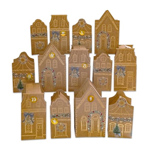 Papierdrachen Adventskalender 2025 - DIY Set mit 24 Häuschen aus Packpapier - Faltschachteln zum Basteln und Befüllen für Kinder & Erwachsene