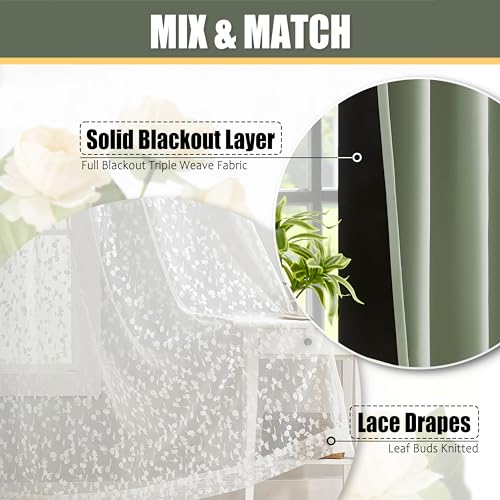 Image of Mix Matched Green Full Blackout & Sheer Leaf Lace Curtains 52 inchWx84L 5Panels