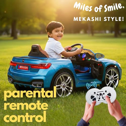 Image of MEKASHI Electric Ride-On Car for Kids 1-7 Years, 12V Battery, Remote Control, 5 Speed, LED Lights, Bluetooth, Metallic Blue
