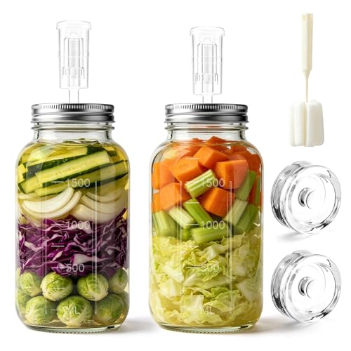 PIuertoRick Fermenting Jar 2 Pack with Airlock - 2L for Safe Fermentation for Kefir Kimchi Sauerkraut Sourdough Starter - Silicone Lids & Fermentation Weights - Fermentation Jars 2 Pack (Full Set)