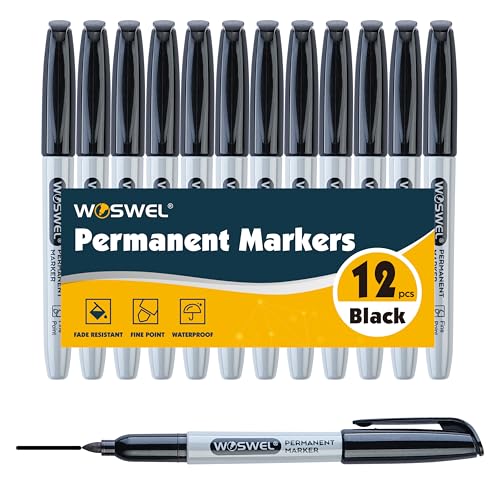 WOSWEL Permanent Markers Bulk, 12 Pack Black Permanent Marker Set, Fine Point Tip, Waterproof Markers, Premium Smear Proof Pens, Waterproof, Quick Drying, Office Supplies for School, Office, Home