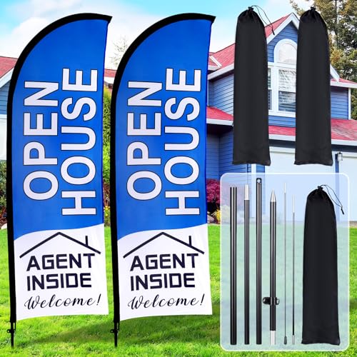 Buryeah 2 Pack Open House Flags Signs for Real Estate Agents Feather Flag Opening Signs Banner Set with Flagpole Ground Stake Portable Bag for Real Estate Business(Blue 7x5.4 ft)