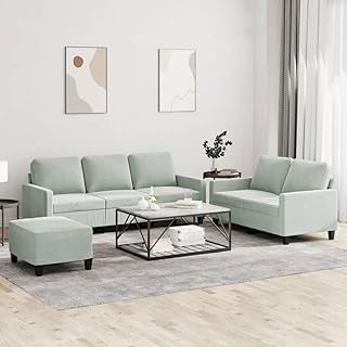 vidaXL Modern 2-Seater and 3-Seater Sofa Set with Cushions and Footstool in Soft Velvet Upholstery - Light Grey Color - Id...
