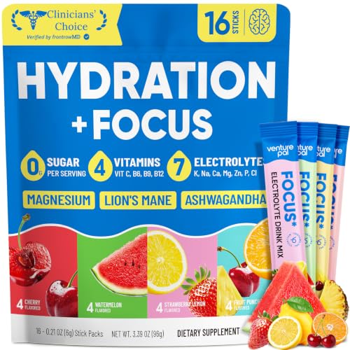 Image of Venture Pal Sugar Free Hydration + Focus Electrolyte Packets, 16 Sticks | 7 Electrolytes + Vitamins, Magnesium, Lion's Mane & Ashwagandha, Boost Clarity & Energy, Electrolytes Powder, Vegan, Keto
