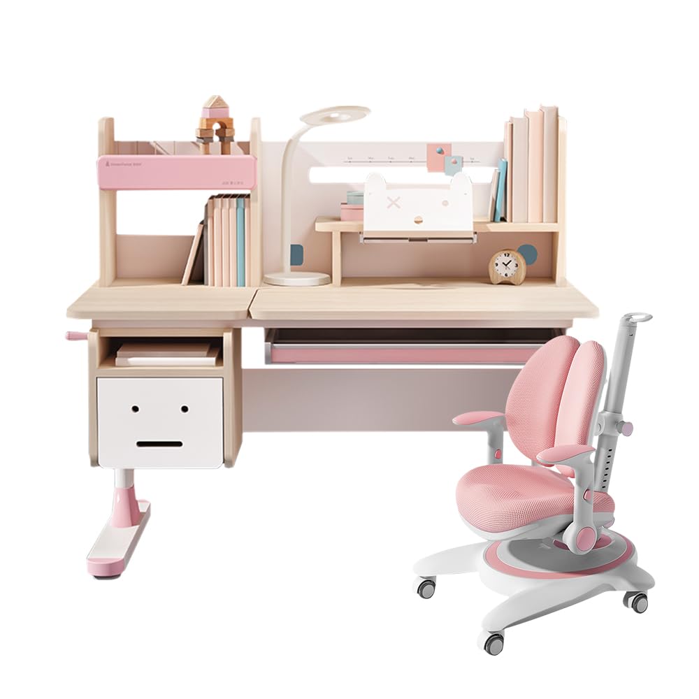 FCD Ergonomic Multi Function Wood Adjustable Kids Study Desk Drafting Table and Computer Station with Children Study Chair, Pink