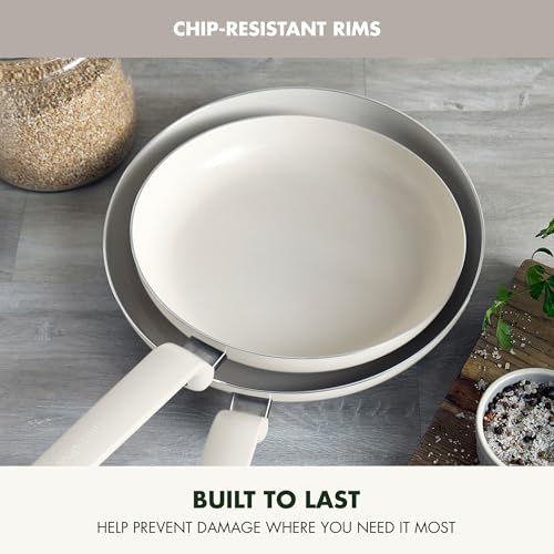 Image of GreenPan Rio Advanced 10 inch and 12 inch Frying Pan Skillet Set, Ceramic Nonstick PFAS-Free Pans, Induction Ready, Dishwasher and Oven Safe, Cream White