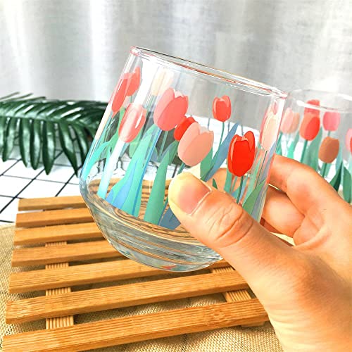 Ryuhyf Hand Blown Glass,Hand Painted Glass,Tea Cup,Juice Cup,Wine Cup,Set Of 1(Tulips) #TOP5