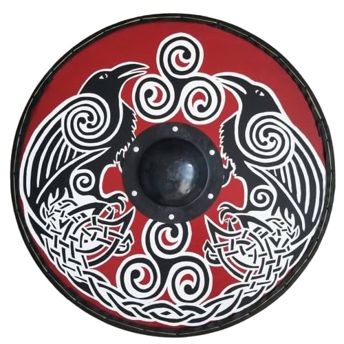Generic Huginn e Muninn, scudo vichingo con orso, scudo vichingo, finitura in legno, scudo vichingo, scudo da parete, statuetta decorativa in resina verde antico, Verde, 61 cm