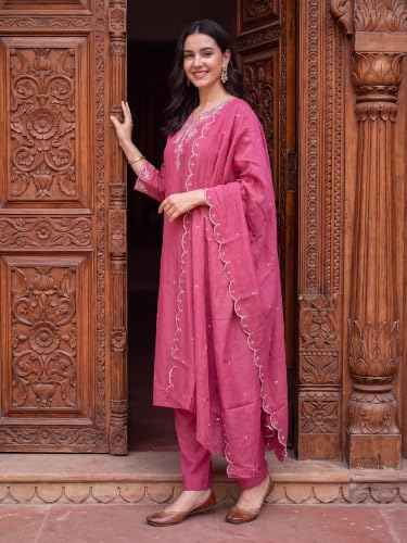 Image of INDO ERA Women's Silk Blend Embroidered Straight Kurta Pant with Dupatta Set
