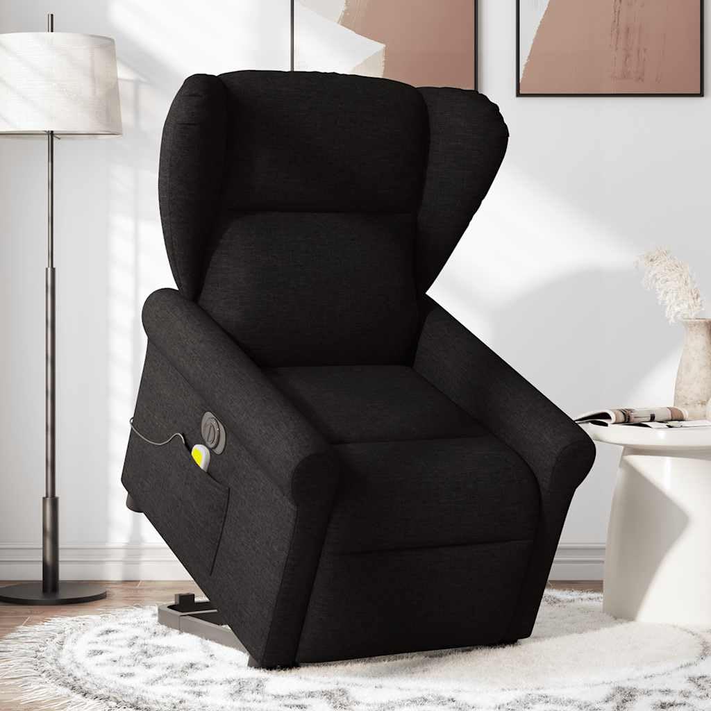Sillón elevador eléctrico eléctrico negro de tela con 6 puntos de masaje, función de reclinación eléctrica y elevación asistida para un asiento cómodo y relajante,