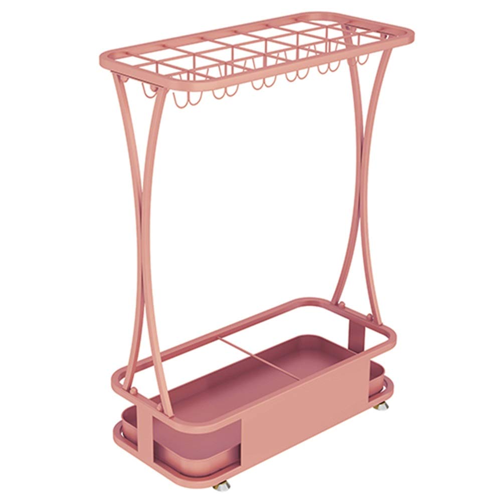 Grand porte-parapluie rectangle en métal rose avec bac d'égouttage