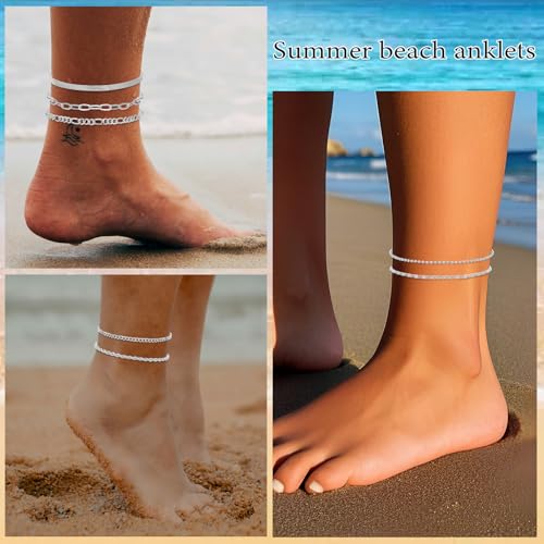 Image of Silver Ankle Bracelets for Women 8 inch+2 inch Adjustable Anklets Waterproof 925 Sterling Silver Cute Permanent Jewelry Sets Fashion Beach Accessories non Tarnish for Women Summer Stuff (7pcs)