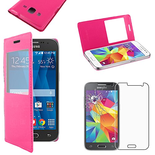 ebestStar - Coque Compatible avec Samsung Galaxy Core Prime SM-G360F, 4G SM-G361F VE Etui Slim Housse Portefeuille Fenêtre View, Rose +Film Verre Trempé [Appareil: 130.8x67.9x8.8mm 4.5'']