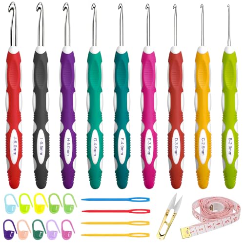 GZLFH Juego de 24 agujas de ganchillo, incluye 9 tamaños (2,0 mm - 6,0 mm), aguja de ganchillo con mango ergonómico, viene con accesorios de ganchillo, adecuado para principiantes