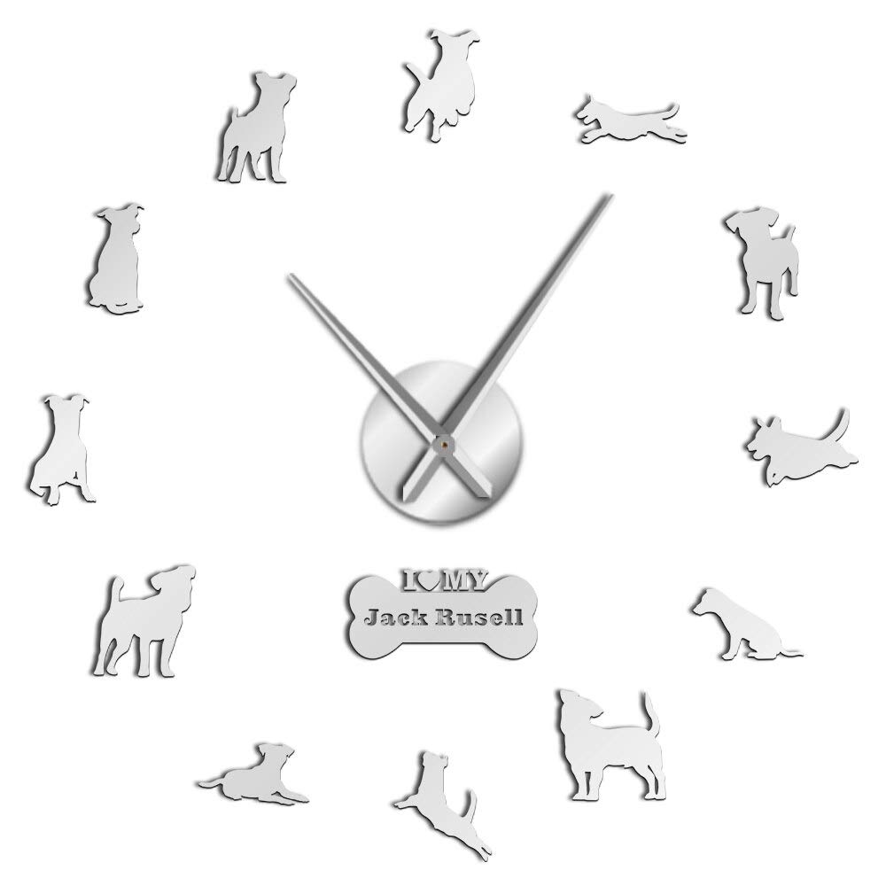 YH Fox Hunting Dog Jack Russell Terrier Contemporary Large Wall Clock Small Terrier Dog Breed Gift Mirror Effect DIY Wall Art(Silver,37in)