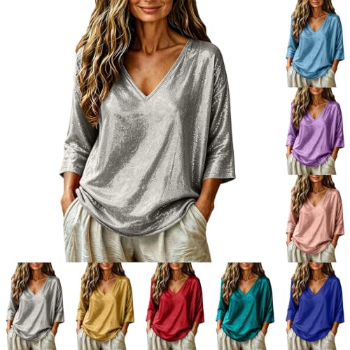 Glittery Tops Sparkly Tops for Women Party Night 3/4 Sleeve V Neck Glitter Sequin Top New Years Eve Glitter Outfits Women Camisas Oversize Mujer Dresly Capsule Wardrobe Silver - image 1
