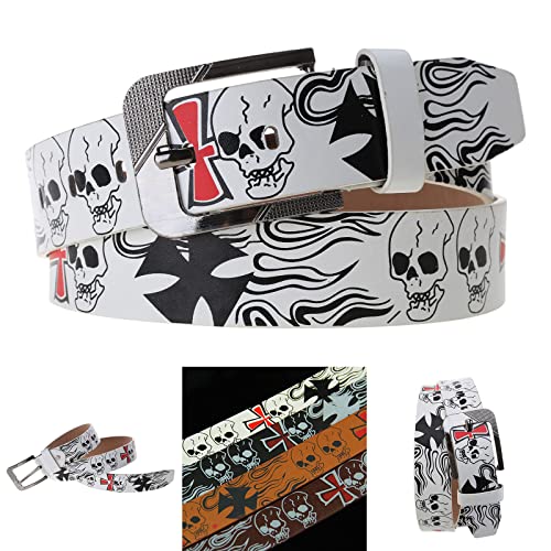 Men Belt For Jeans Skull Print Pin Buckle Belt For Women Punk-Style PU Leather Belt Pants Decors Clothing Accessories Men Bel4