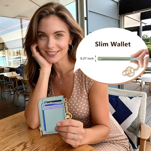 Image of GIANCOMICS Slim Wallet Credit Card Holder Women, Light Green Rfid Blocking Small Card Case, Keychain Thin Pocket Curved Zipper Wallet, Travel Card Holder PU Leather ID Window, Ladies Female Gifts