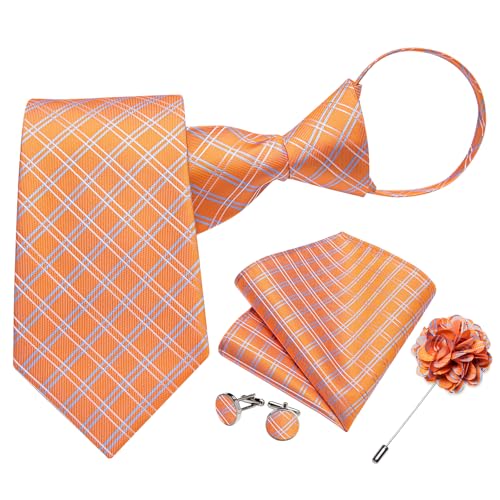Image of DiBanGu Mens Zipper Tie Silk Pre-Tied Necktie with Gift Box | Jacquard Woven,Paisley Solid Plaid Pattern,6PCS with Pocket Square,Cufflinks and Lapel Pin,for Wedding Party Formal Business