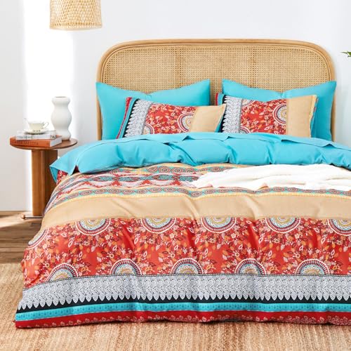 Image of Wake In Cloud - Boho Comforter Set, Bohemian Chic Colorful Medallion with Geometric Botanical Flowers and Horizontal Stripes, Soft Lightweight Bedding, 3 Pieces, Red Teal, King Size